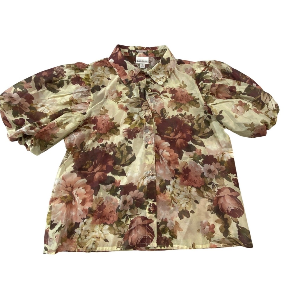 Bailey/44 Floral Puff Sleeve Button Down‎ Blouse Tan Burgundy Small 128653